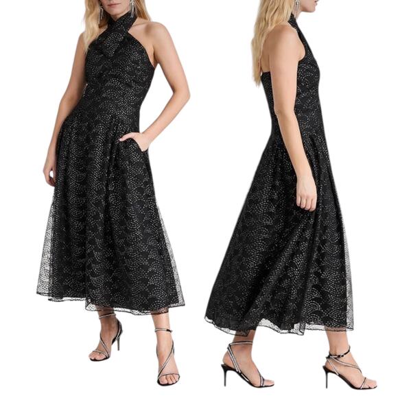 Shoshanna Olivia Metallic Scallope Mesh Halter Neck Black Dress Size 2 - Picture 2 of 14